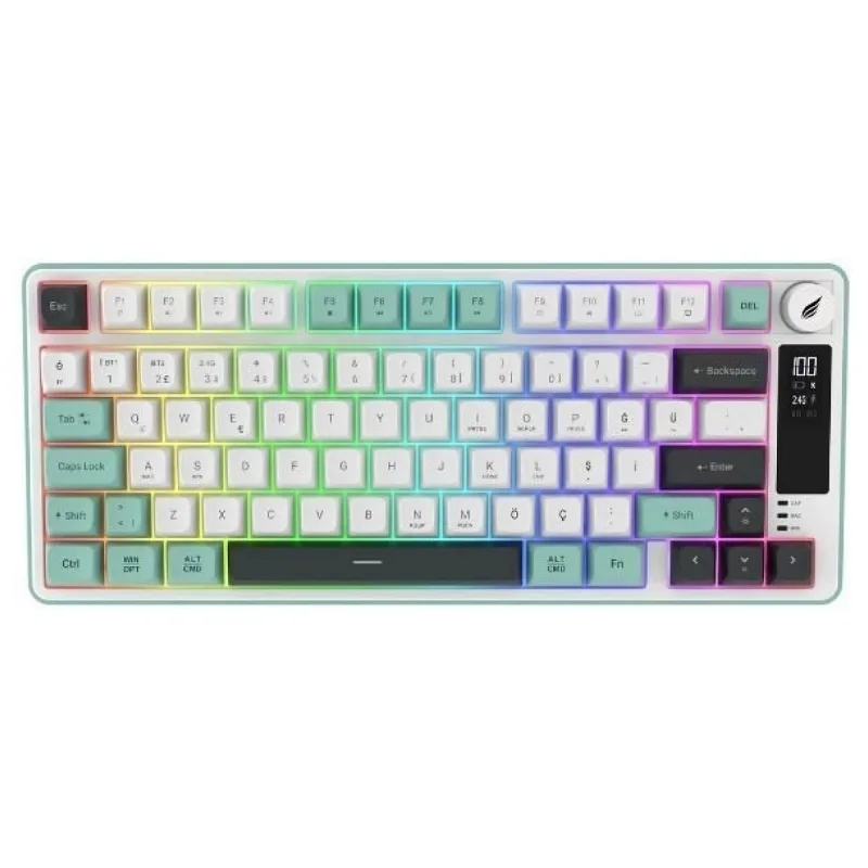 HK255 Membrane LCD RGB Kablosuz/Bluetooth Gri Yeşil %75 Türkçe Gaming Oyuncu Klavye