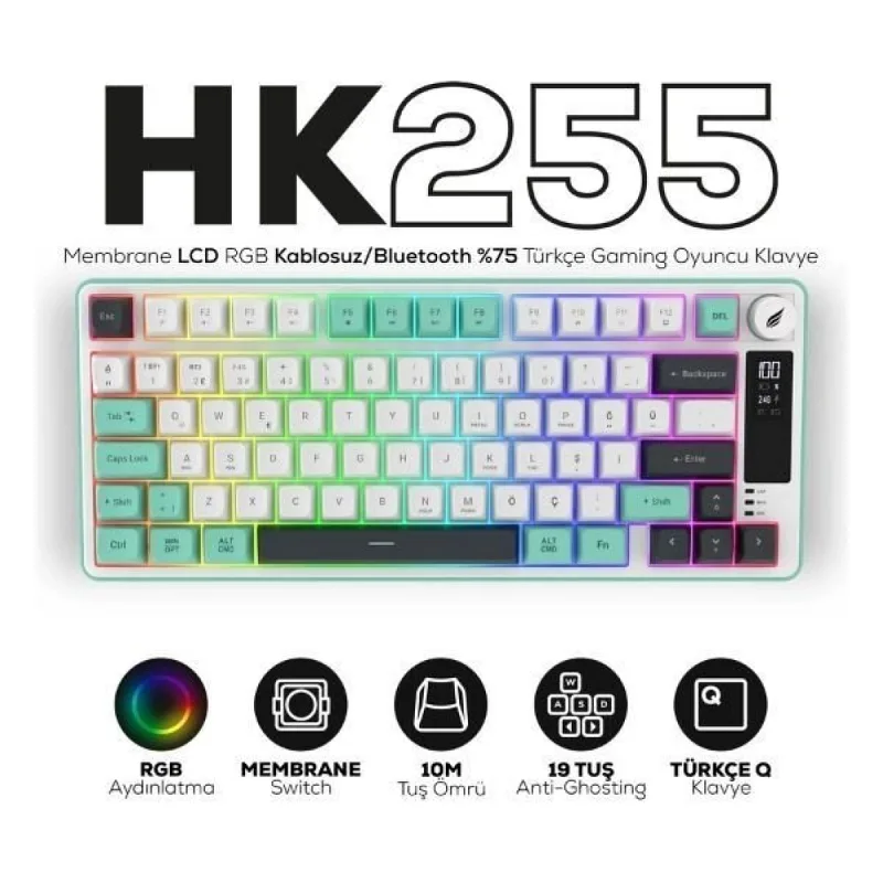 HK255 Membrane LCD RGB Kablosuz/Bluetooth Gri Yeşil %75 Türkçe Gaming Oyuncu Klavye