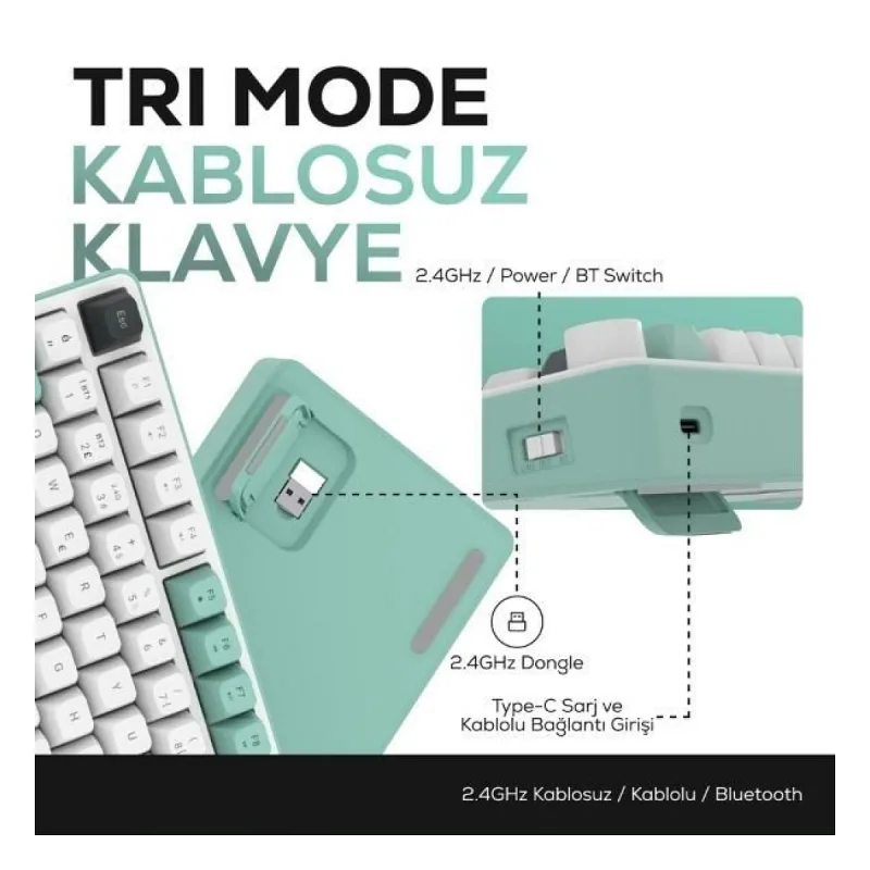 HK255 Membrane LCD RGB Kablosuz/Bluetooth Gri Yeşil %75 Türkçe Gaming Oyuncu Klavye