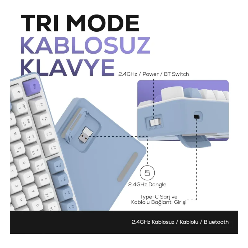 HK255 Membrane LCD RGB Kablosuz/Bluetooth Mavi Mor %75 Türkçe Gaming Oyuncu Klavye