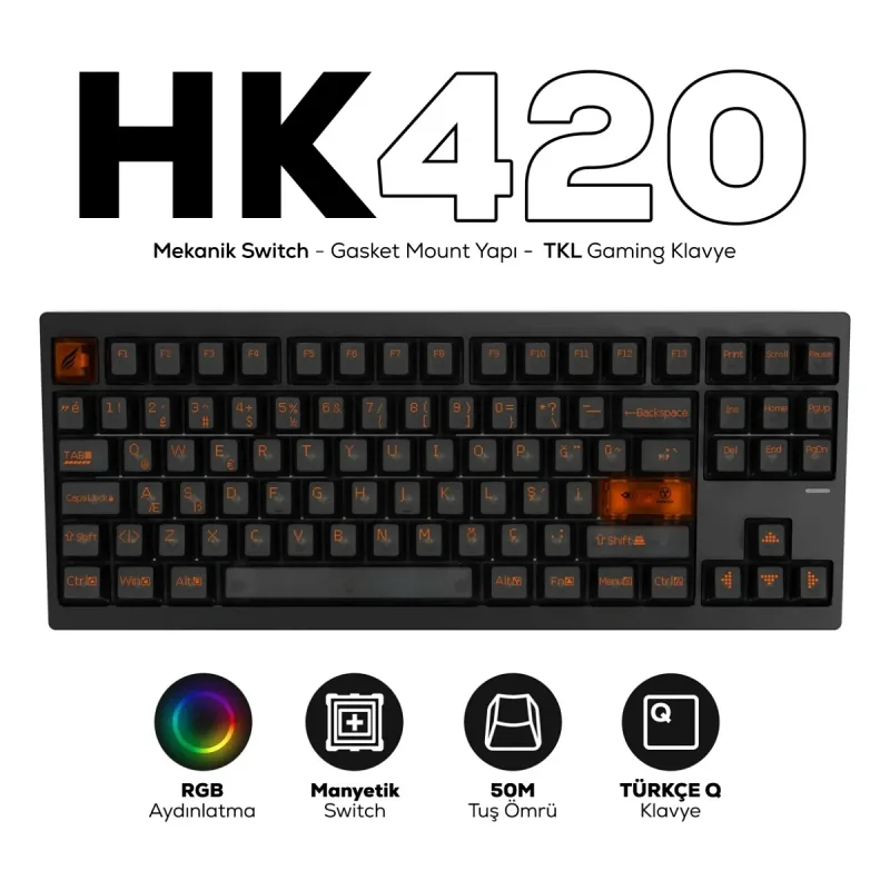 HK420 Mekanik Switch RGB Tri-Mode Kablosuz/Bluetooth TKL Gaming Klavye