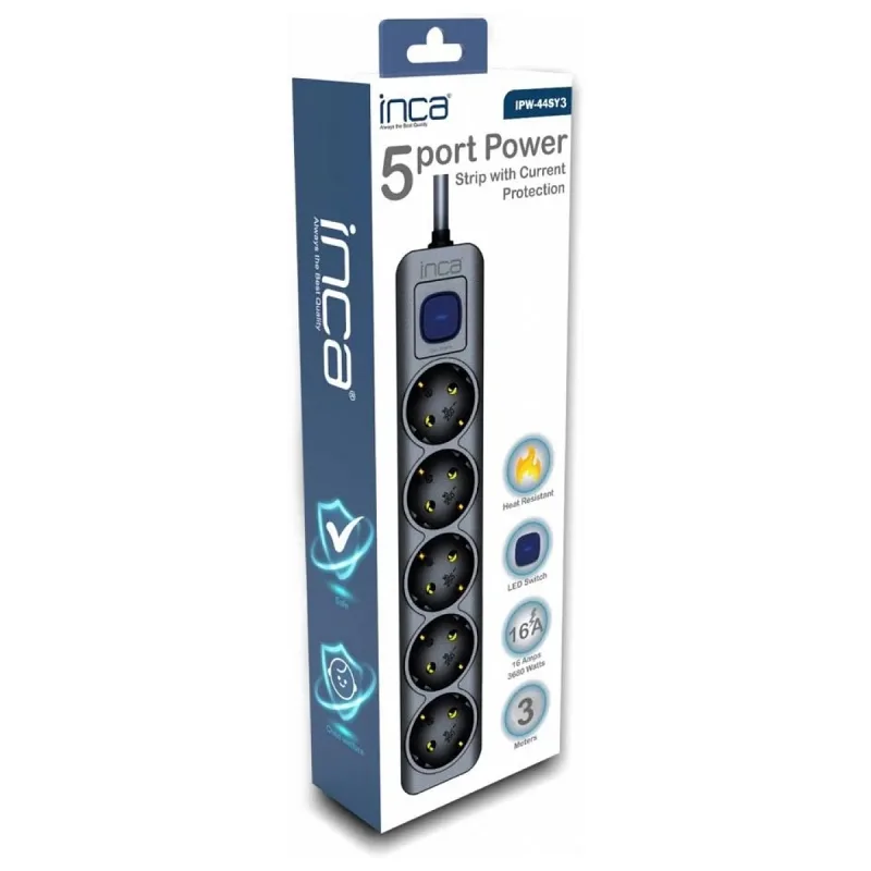 INCA IPW-44SY3 5 PORT AKIM KORUMALI LED TUŞLU PRİZ 3M - SİYAH