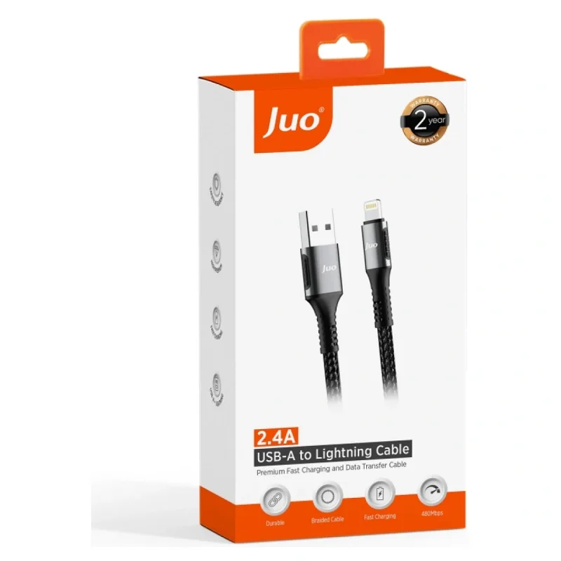 Juo 12W Dijital Led Ekranlı USB-A to Lightning iPhone iPad Örgülü Hızlı Şarj ve Data Kablosu 2 Metre