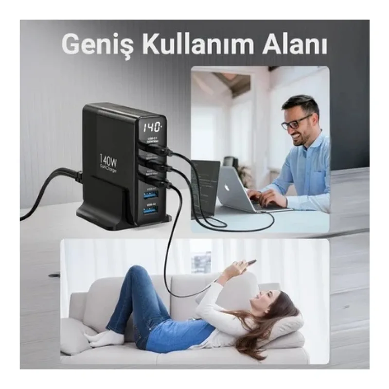 Juo 140W GaN PD 3.1 Masaüstü Hızlı Şarj Cihazı 3 Type-C + 2 USB-A iPhone & MacBook & Laptop Uyumlu Şarj Aleti