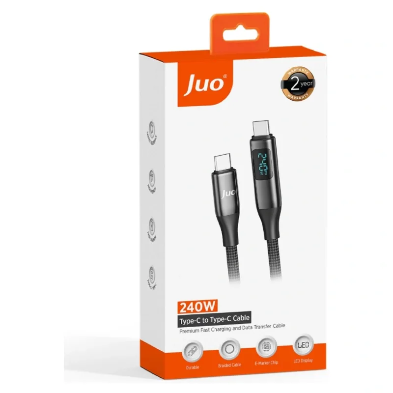 Juo 240W Dijital Led Ekranlı E-Mark Çipli PD 3.1 USB Type-C to Type-C Hızlı Şarj ve Data Kablosu 1 Metre