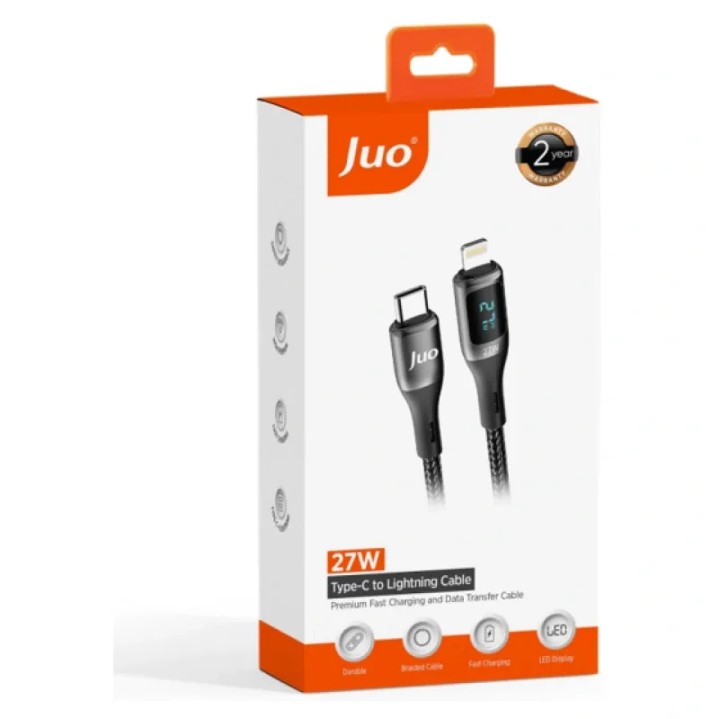 Juo 27W Dijital Led Ekranlı USB Type-C to Lightning iPhone iPad Hızlı Şarj ve Data Kablosu 1 Metre