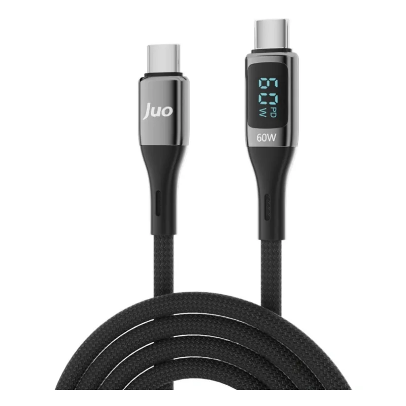 Juo 60W Dijital Led Ekranlı Örgülü USB Type-C to Type-C Hızlı Şarj ve Data Kablosu 2 Metre