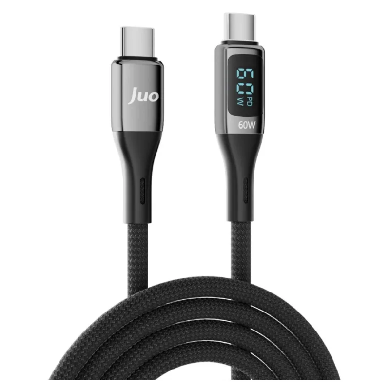 Juo 60W Dijital Led Ekranlı Örgülü USB Type-C to Type-C Hızlı Şarj ve Data Kablosu 2 Metre
