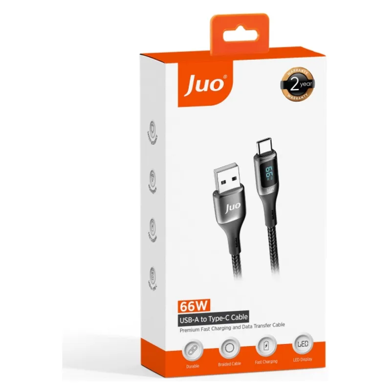 Juo 66W Dijital Led Ekranlı Örgülü USB-A to USB Type-C Hızlı Şarj ve Data Kablosu 2 Metre