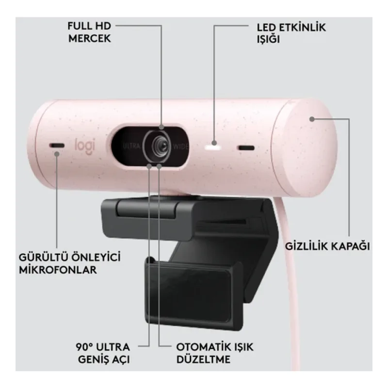 LOGITECH BRIO 500 FULL HD 1080P MİKROFONLU WEB KAMERASI - PEMBE