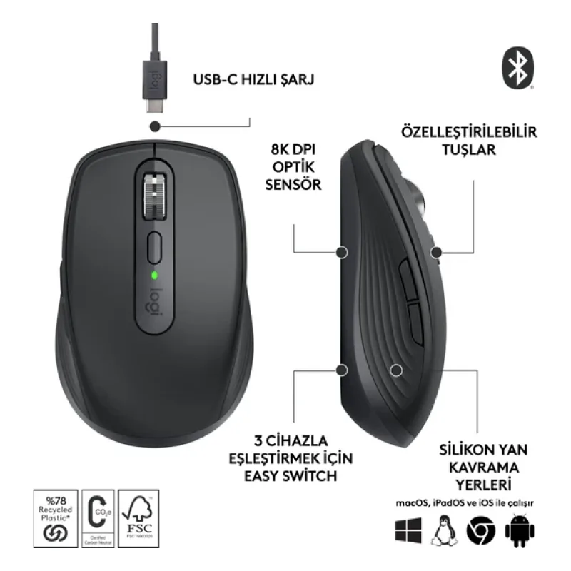 Logitech MX Anywhere 3S 910-006929 Siyah Şarjlı Lazer Kablosuz Mouse