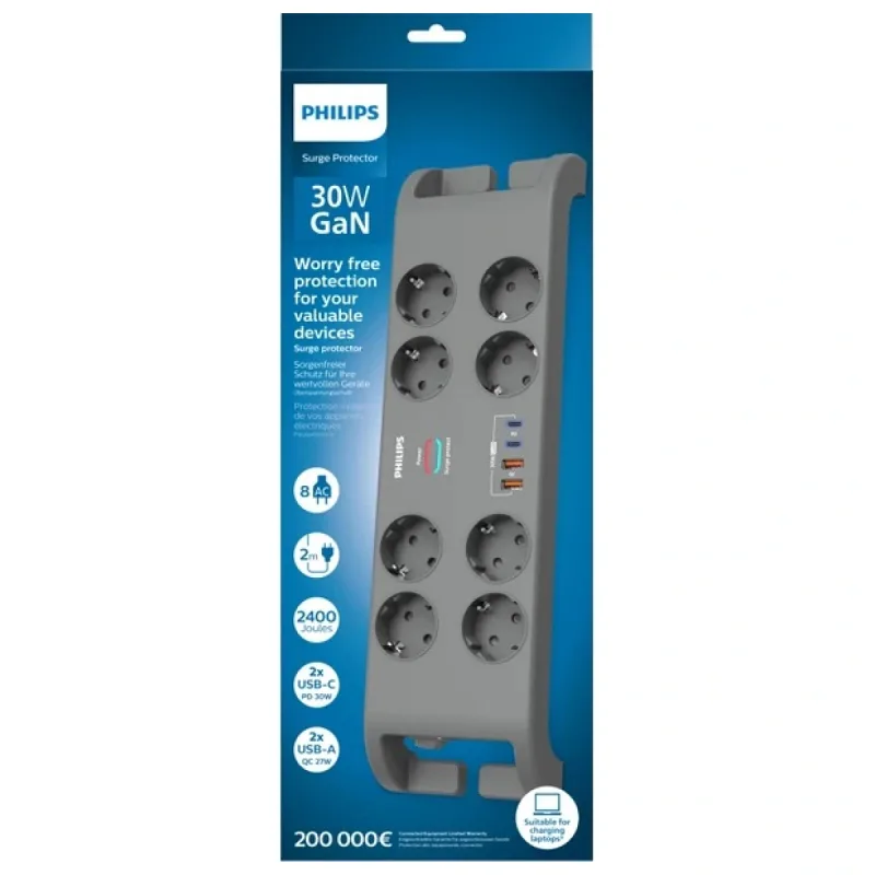 Philips SPN8180GA 2400 Joule Type-C USB'li 2 m 8'li Akım Korumalı Priz