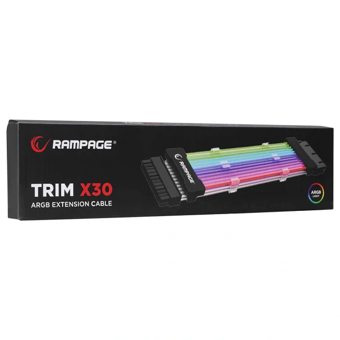 Rampage TRIM X30 Şeffaf PVC+Bakır 18AWG ARGB ATX Power Supply 24Pin Uzatıcı Kablo