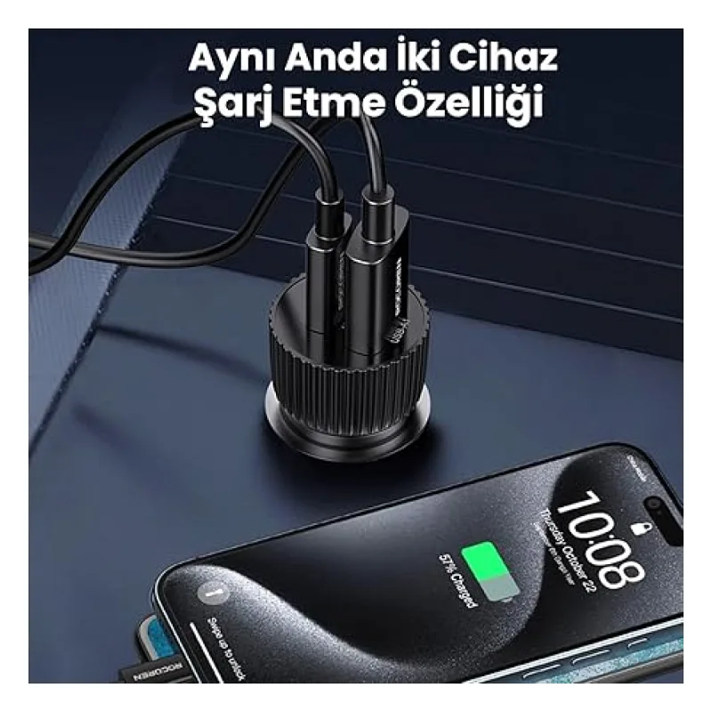 Rocoren 48W Çift Portlu USB Type-C ve USB-A Araç İçi Hızlı Şarj Cihazı