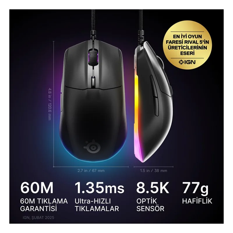 SteelSeries Rival 3 Gen 2 Siyah RGB Optik Kablolu Oyuncu Mouse