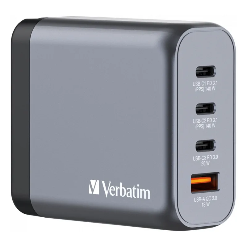 VERBATİM 140W 4 PORTLU GAN DUVAR ŞARJ CİHAZI 2 X USB-C® PD 140W / 1 X USB-C® PD 20W / 1 X USB-A QC 3.0