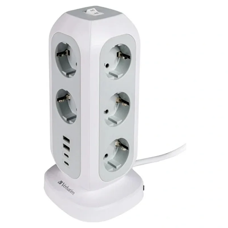 VERBATİM EU SOKET KULESİ 15'İ 1 ARADA, 11 SOKETLİ ÇOKLU SOKET, 2 USB-C VE 2 USB-A BAĞLANTI NOKTASI, ANAHTARLI ÇOKLU SOKET VE 2 M UZATMA KABLOSU, MAKSİMUM 3600 W