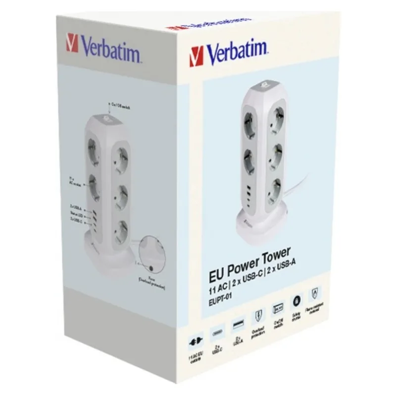 VERBATİM EU SOKET KULESİ 15'İ 1 ARADA, 11 SOKETLİ ÇOKLU SOKET, 2 USB-C VE 2 USB-A BAĞLANTI NOKTASI, ANAHTARLI ÇOKLU SOKET VE 2 M UZATMA KABLOSU, MAKSİMUM 3600 W